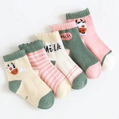 Kids 5-Pairs Cartoon Mid-Calf Cotton Sports Socks