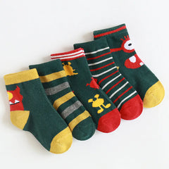 Kids 5-Pairs Cartoon Mid-Calf Cotton Sports Socks