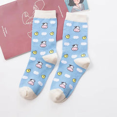 Women's Cute Strawberry Cow Cartoon Socks
