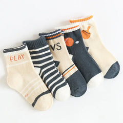 Kids 5-Pairs Cartoon Mid-Calf Cotton Sports Socks
